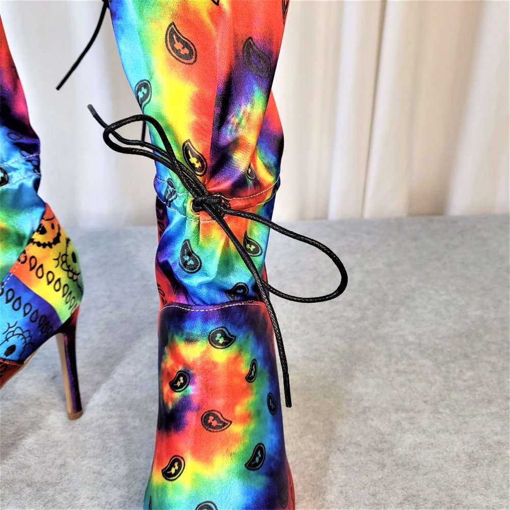 * Mata Bold Tie Dye Drawstring 4" Stiletto High Heel Mid Calf Boots - Picture 5 of 11